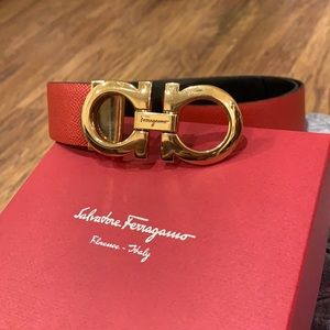 Authentic Salvatore Ferragamo Reversible Red/Black Leather Belt & Gold Buckle